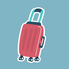 Obraz premium Charming pink suitcase on wheels, perfect for travel graphics, logo design or vacation themed layouts with a light blue background.