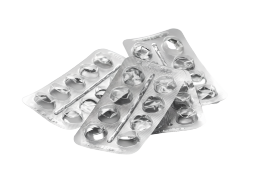 Closeup of Partially Used Blister Packs of Pills Medication Packaging Detail isolated on transparent baackground