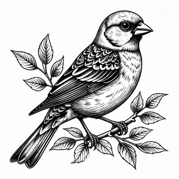 Naklejki Detailed Black And White Bird Illustration On Branch