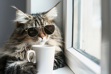 Whimsical Feline Persona: A Maine Coon in Anthropomorphic Attire – Magic Hats, Glasses, Sunglasses, Swimming Goggles & More, in Close-Up on White Background
Get up close with a charmingly anthropomorp