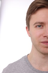 Obraz premium Man after shaving on white background, closeup