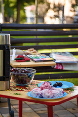 Bowl of cherries on table. Pink swirled cherry flavored marshmallows on plate. Lunch time