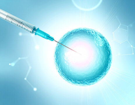 A syringe injecting a vibrant, translucent cell, a medical procedure, possibly in vitro fertilization.