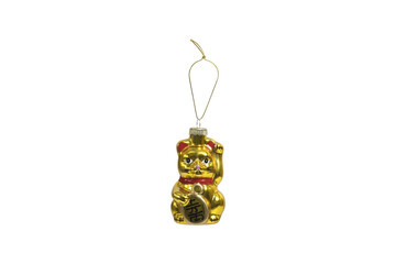 Golden maneki neko lucky cat ornament with coin isolated on transparent background