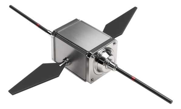 Satellite bus equipped with extendable communication antennas and stabilizing fins