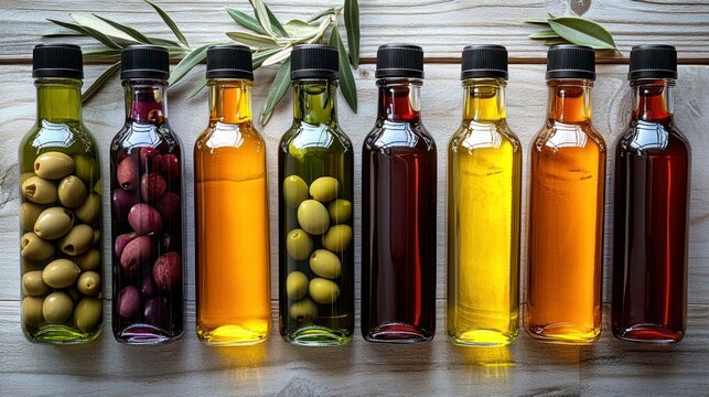 Row of small bottles with various colored oils and olives