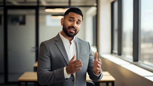 Man in suit speaking with hands animated in an office