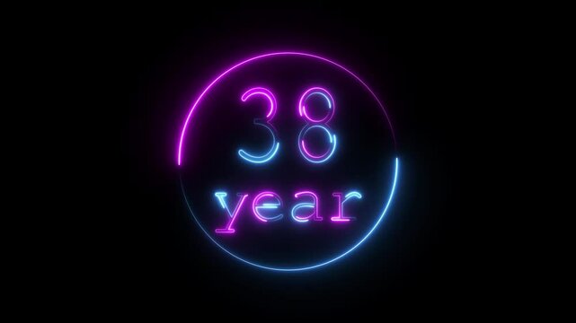 Glowing neon 38 year animated icon. 38 year icon animation, circle and 38 year completed anniversary event celebration animation, black background 4k video.