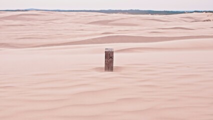 Nomadic Camel Trail Marker Wooden Pole Buried in Sand at Desert Dune with Scenic Landscape Distant River Bank Seashore and Oasis Trees