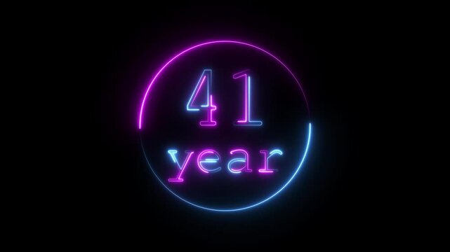 Glowing neon 41 year animated icon. 41 year icon animation, circle and 41 year completed anniversary event celebration animation, black background 4k video.