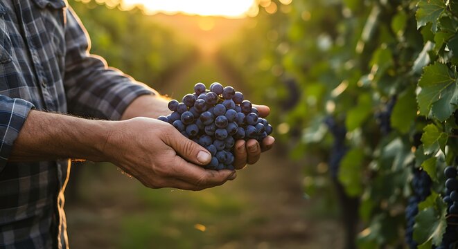 Grapes harvest. Farmers hands with freshly harvested black grapes. - Powered by Adobe