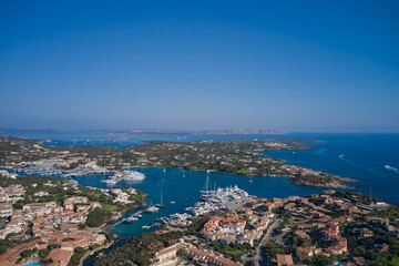 Aerial View of Porto Cervo, Italian seaside resort in northern Sardinia, Italy. One of the most expensive resorts in the world. Centre of Costa Smeralda.
