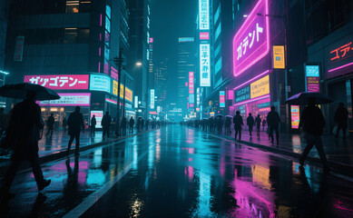 Futuristic Neon-Lit City Street at Night  Tokyo-Inspired Urban Cyberpunk Scene