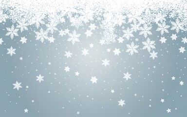 A wintery scene with snowflakes falling from the top against a light blue and white background