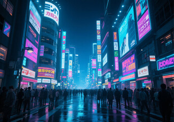 Fototapeta premium Futuristic Neon-Lit City Street at Night Tokyo-Inspired Urban Cyberpunk Scene