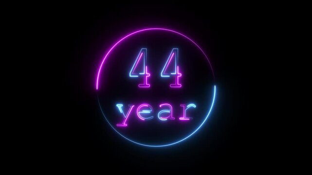 Glowing neon 44 year animated icon. 44 year icon animation, circle and 4 year completed anniversary event celebration animation, black background 4k video.