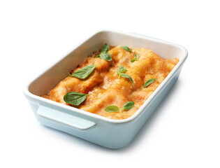 Tasty vegetarian lasagna in baking dish isolated on white