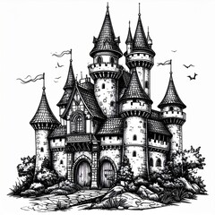 Obraz premium Black And White Illustration Of A Medieval Castle