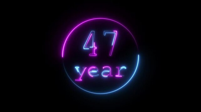 Glowing neon 47 year animated icon. 47 year icon animation, circle and 47 year completed anniversary event celebration animation, black background 4k video.