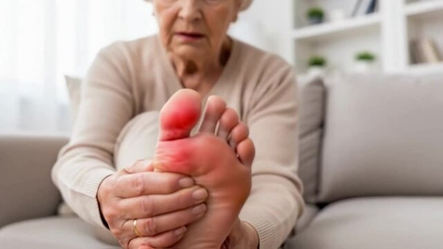 An elderly woman holds her painful foot while sitting on a sofa at home, her face showing discomfort from arthritis or a gout flare-up, representing senior health issues