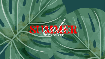 Summer sale banner with tropical green leaves and bold red typography design for poster, header, web or ad