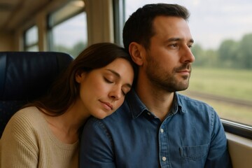 Fototapeta premium Young woman resting peacefully on man's shoulder while traveling together by train, enjoying a serene moment of love and relaxation