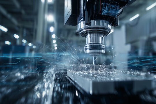 CNC machine center stage, its spindle moving with fluid precision as it carves into a piece of metal, blurry of the factory environment 