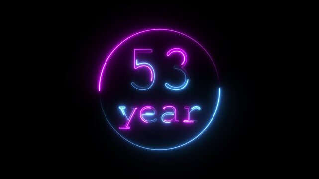 Glowing neon 53 year animated icon. 53 year icon animation, circle and 53 year completed anniversary event celebration animation, black background 4k video.