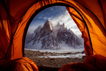 Tent in the mountains at sunset