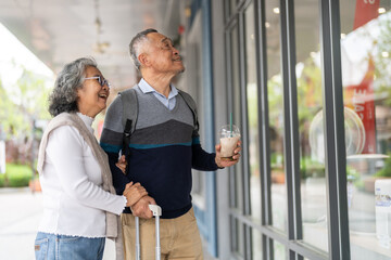 Happy senior asian couple shopping together enjoying retirement travel lifestyle in holiday trip,...