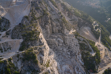 Aerial panorama of marble quarries Carrara Italy. Marble quarry top view. Aerial panorama on the Carrara marble quarry