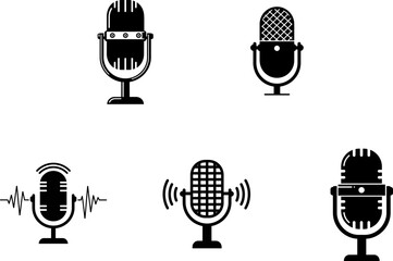 Illustrations of various microphone designs in black silhouette
