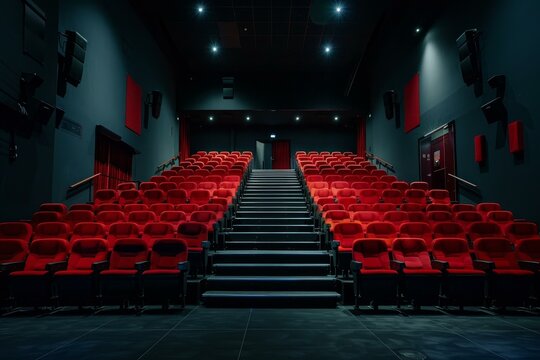 Rows of red seats inside an empty movie theater waiting for the audience to arrive - Powered by Adobe