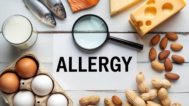 Food items associated with allergies, including milk, eggs, fish, nuts, and cheese, are displayed on a white wooden surface.