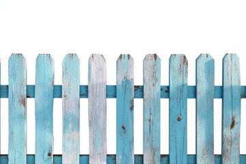 Aged, light-blue wooden fence against white