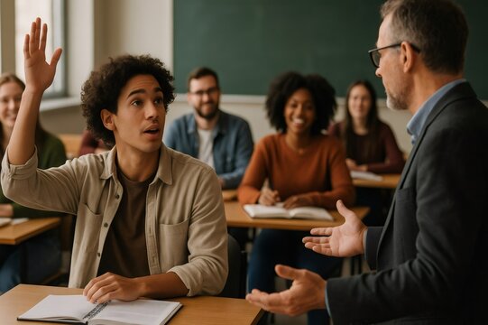 University student raising hand and asking question to his professor during a lecture in the classroom