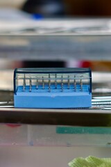 Close-up of dental tools used by dentistry students or interns during clinical practice. Includes...