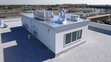 Commercial rooftop with built-up roofing system ventilation for urban buildings.