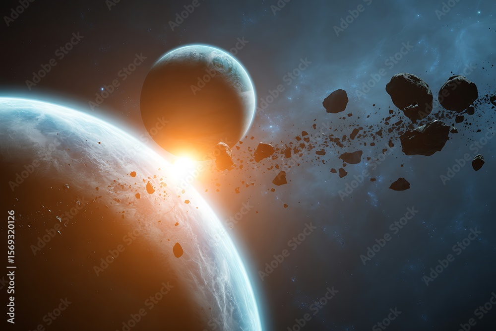 Wall mural a cosmic scene featuring two planets and a scattering of asteroids against a dark space backdrop