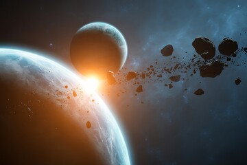 A cosmic scene featuring two planets and a scattering of asteroids against a dark space backdrop