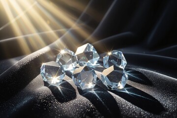 Brilliant diamonds on black fabric with sunlight luxury sparkle and elegant style