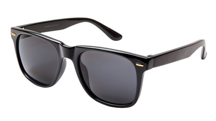 Classic black wayfarer sunglasses with dark lenses on transparent background