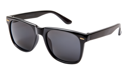 Classic black wayfarer sunglasses with dark lenses on transparent background
