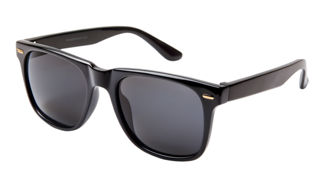 Classic black wayfarer sunglasses with dark lenses on transparent background