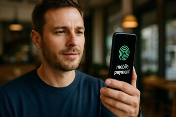 Man engaging in mobile payment at a cafe, utilizing fingerprint scanning technology for secure and convenient transactions