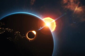 Obraz premium A solar eclipse seen from space with the sun partially obscured by a dark planet and earth visible