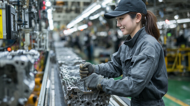 女性が自動車組立ラインでブラケットを締め付ける