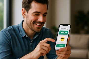 Happy man using a mobile banking app on his smartphone, sending money online with ease and enjoying the convenience of digital transactions