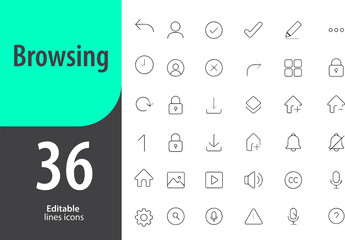 Browsing Line Icons, Web Browser, Search Bar, Internet Tab, URL Link, Homepage, Editable Formats: AI, EPS, PNG, JPG, Ideal for Both Digital and Print Use

