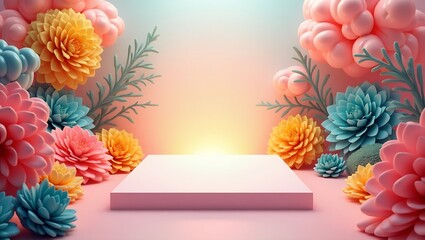A stunning product stage surrounded by cheerful flowers, creating a captivating fantasy atmosphere